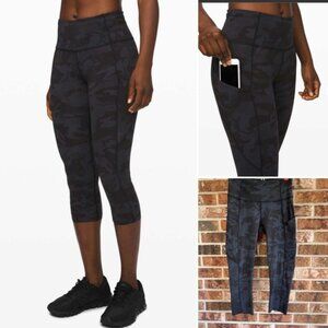 Lululemon Fast and Free Crop  18" *Non-Reflective Incognito Camo Multi Grey EUC